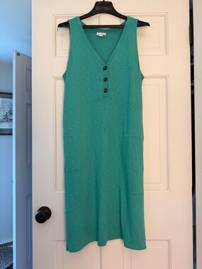 J. Jill Sleeveless V-Neck Midi Dress in Teal Green with Button Placket